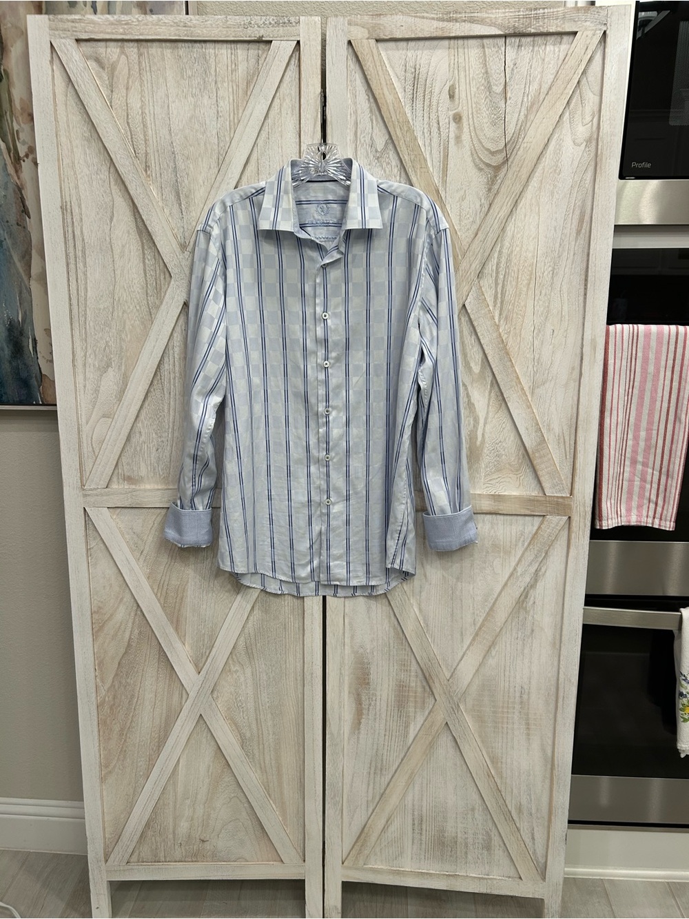 Bugatchi Mens Shirt Uomo Sharpen Fit 100% Cotton Blue and White Striped Large